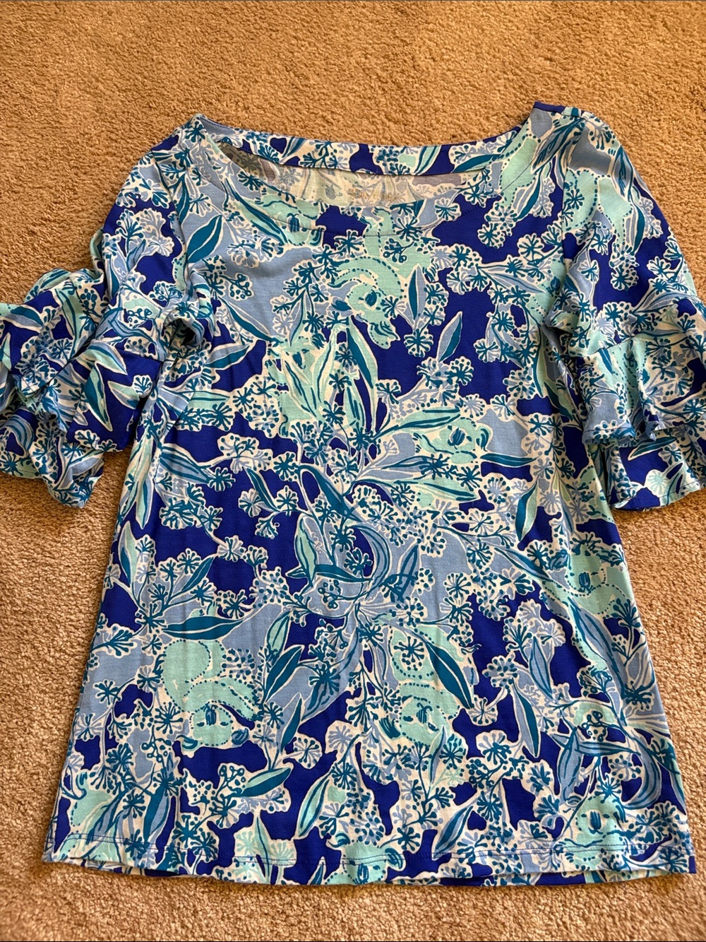 Lilly Pulitzer Lula Koala Blue & Aqua Floral Ruffle Sleeve Top